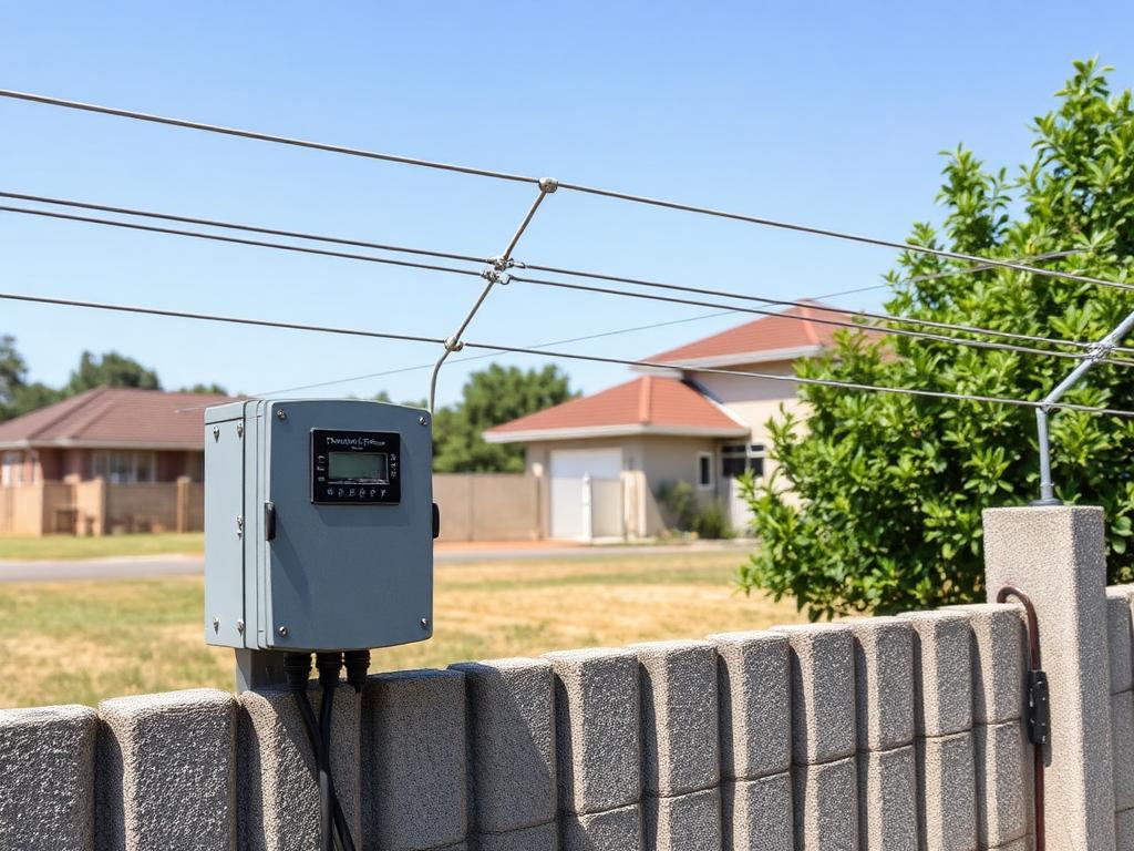 Electric fence energiser and perimeter wires on a boundary wall in Pretoria East